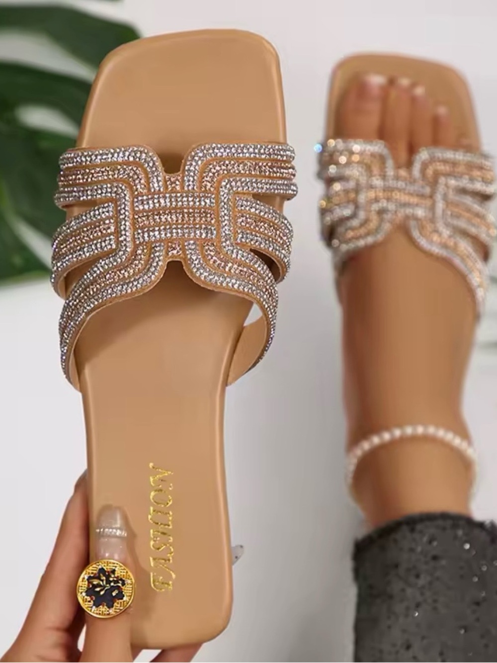 Crystal-Embellished Tan Slide Sandals by